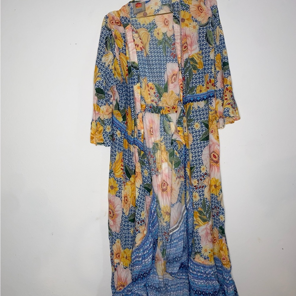 Floral Kimono with Blue and Yellow Patterns
